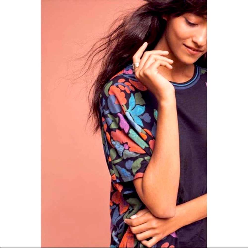Anthropologie Black Floral-Accent Tee with Multicolor Blooms - Picture 3 of 8